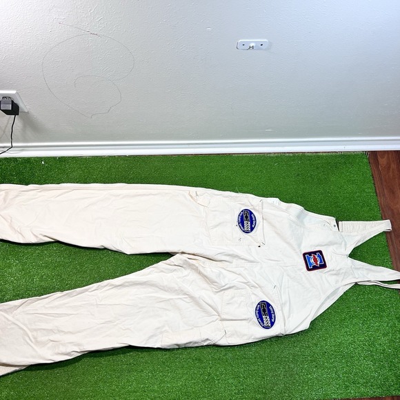 Vintage  Wrangler Bib Overalls 42 x 32 Cream 90s Chevy‎ NASCAR Daytona Patches - Picture 12 of 16
